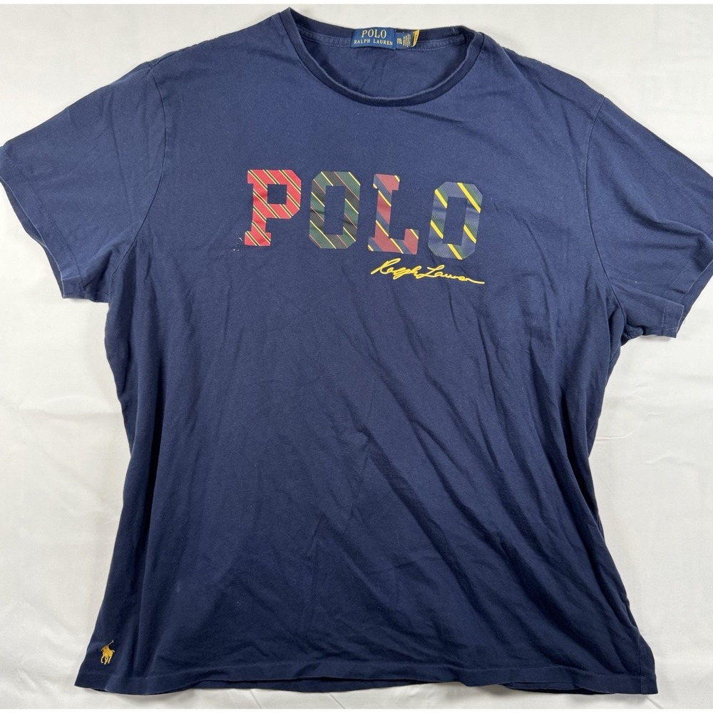 Polo Ralph Lauren Mens XXL TTG Tall Navy Blue Yellow Pony POLO Spellout T-Shirt